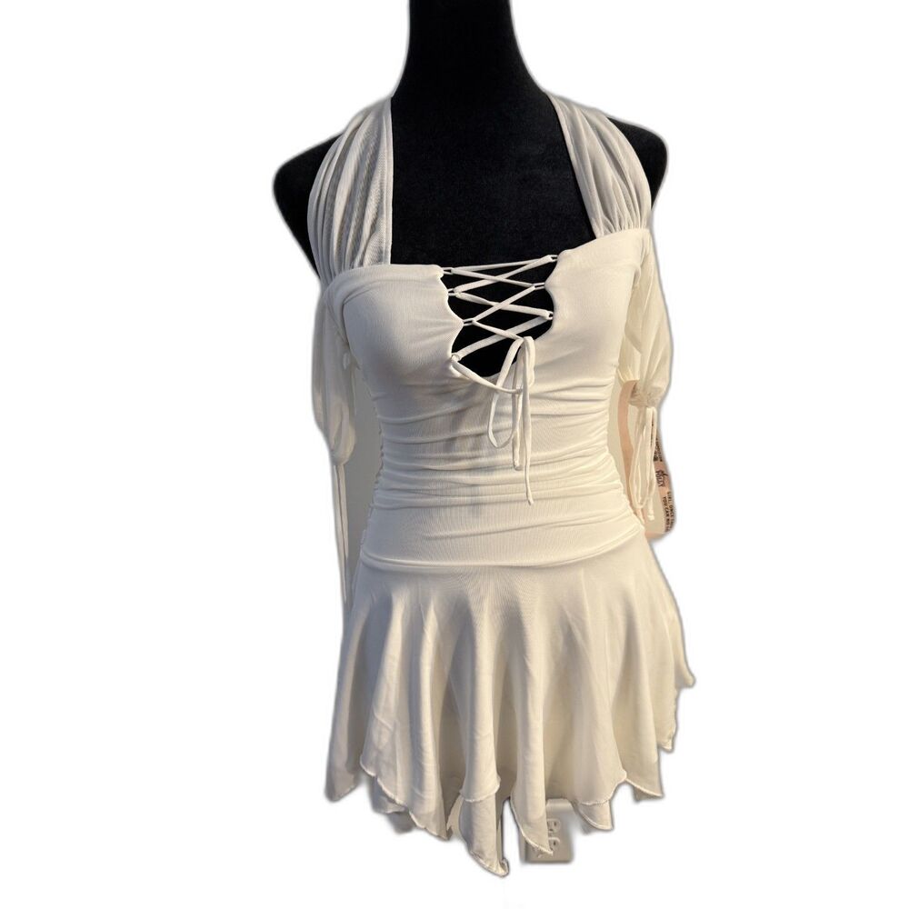Y2K Angel Coquette Fairycore Softcore White Lace-Up Halter Mini Dress